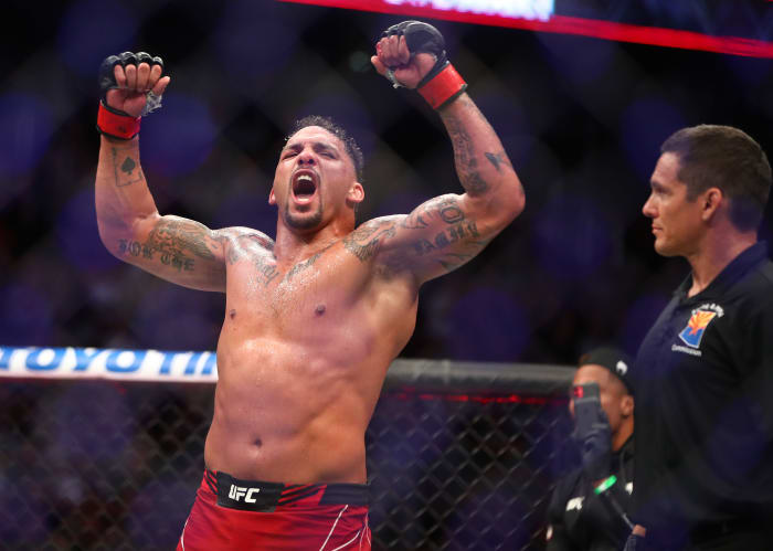 Jun 12, 2021; Glendale, Arizona, USA; Eryk Anders is declared the winner by decision against Darren Stewart during UFC 263 at Gila River Arena. Mandatory Credit: Mark J. Rebilas-USA TODAY Sports